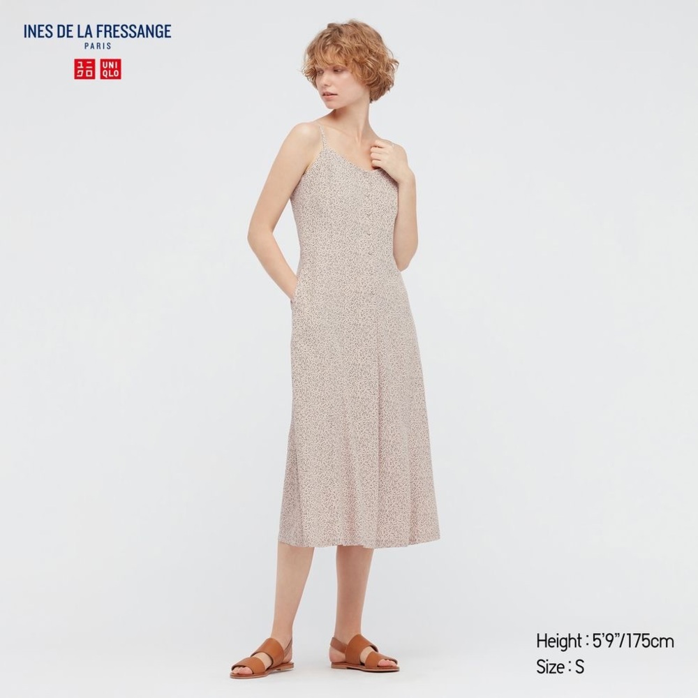 UNIQLO IDLF Women Rayon Printed Camisole Dress， Beige， XS